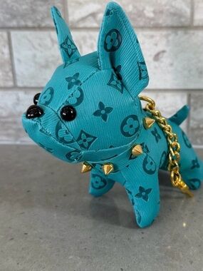 Designer-Inspired Teal french bulldog Dog Keychain with Gold Chain & Studs